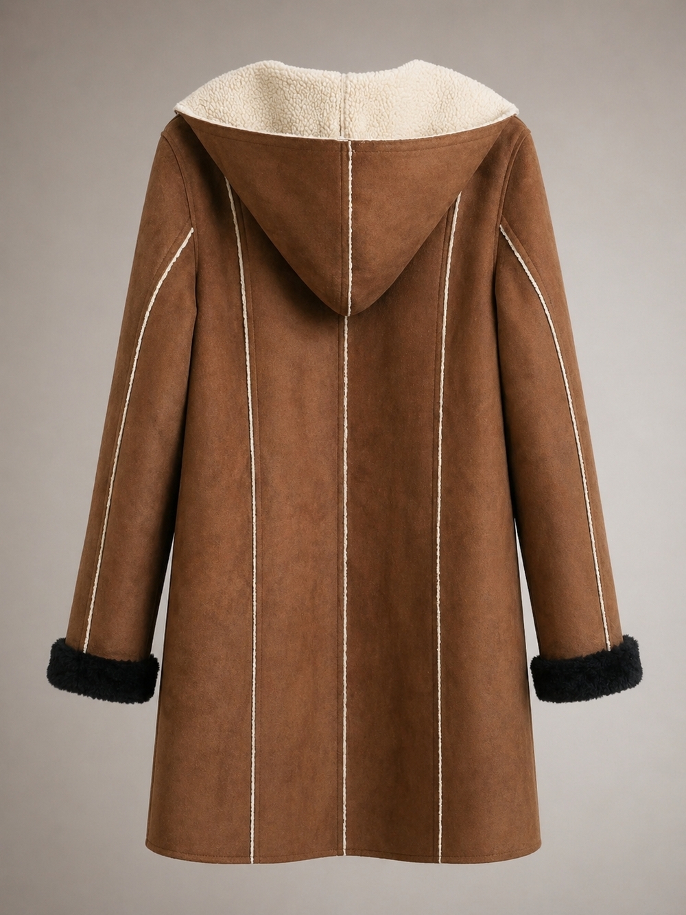 Faux-Suede Sherpa-Lined Hooded Coat - Brown - Picture 2 of 4